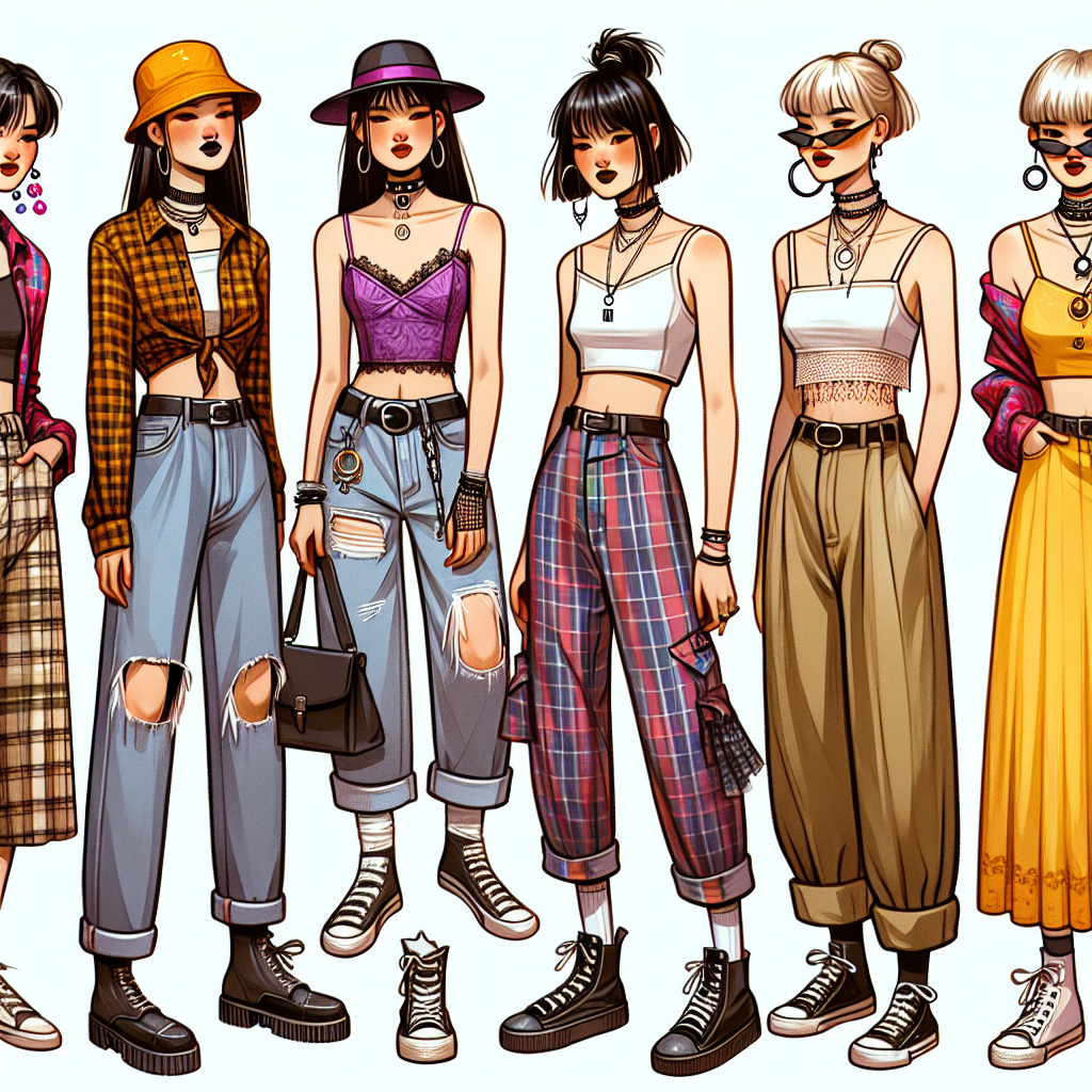 90s Party Outfits: Find Your Stunning Must-Have Look Create a collection of illustrations that depict 90s inspired party outfits. Feature at least three different ensembles that represent iconic fashion trends from this glamorous era. In the first outfit, focus on the grunge style with plaid shirts and distressed jeans for an Asian male. The second look should be a Britpop-inspired getup, showcasing a minimalist slip dress and a choker for a Caucasian female. The third ensemble should illustrate the popular funk fashion trend with bright hues, baggy pants, and cropped tops for a South-Asian non-binary individual. As accessories, incorporate elements such as chunky footwear, bucket hats, and tiny sunglasses.