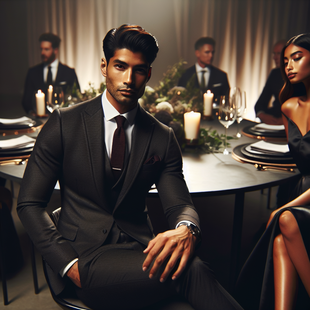 Stunning Outfits for Rehearsal Dinner: Effortless Elegance Imagine a beautifully set venue. At the center, a sleek, round table is decorated with a minimalist, classy centerpiece. A South Asian man in a smart charcoal grey suit paired with a crisp white shirt and a burgundy tie, exudes confidence and style. A Hispanic woman, wearing a chic, flowing black dress which compliments her figure, her subtle accessories adding a touch of sparkle. Each ensemble is a testament to effortless elegance fitting for rehearsal dinners. Picture the ambient lighting casting a soft glow over the scene, heightening the sophistication and enhancing the colors of their stunning outfits.