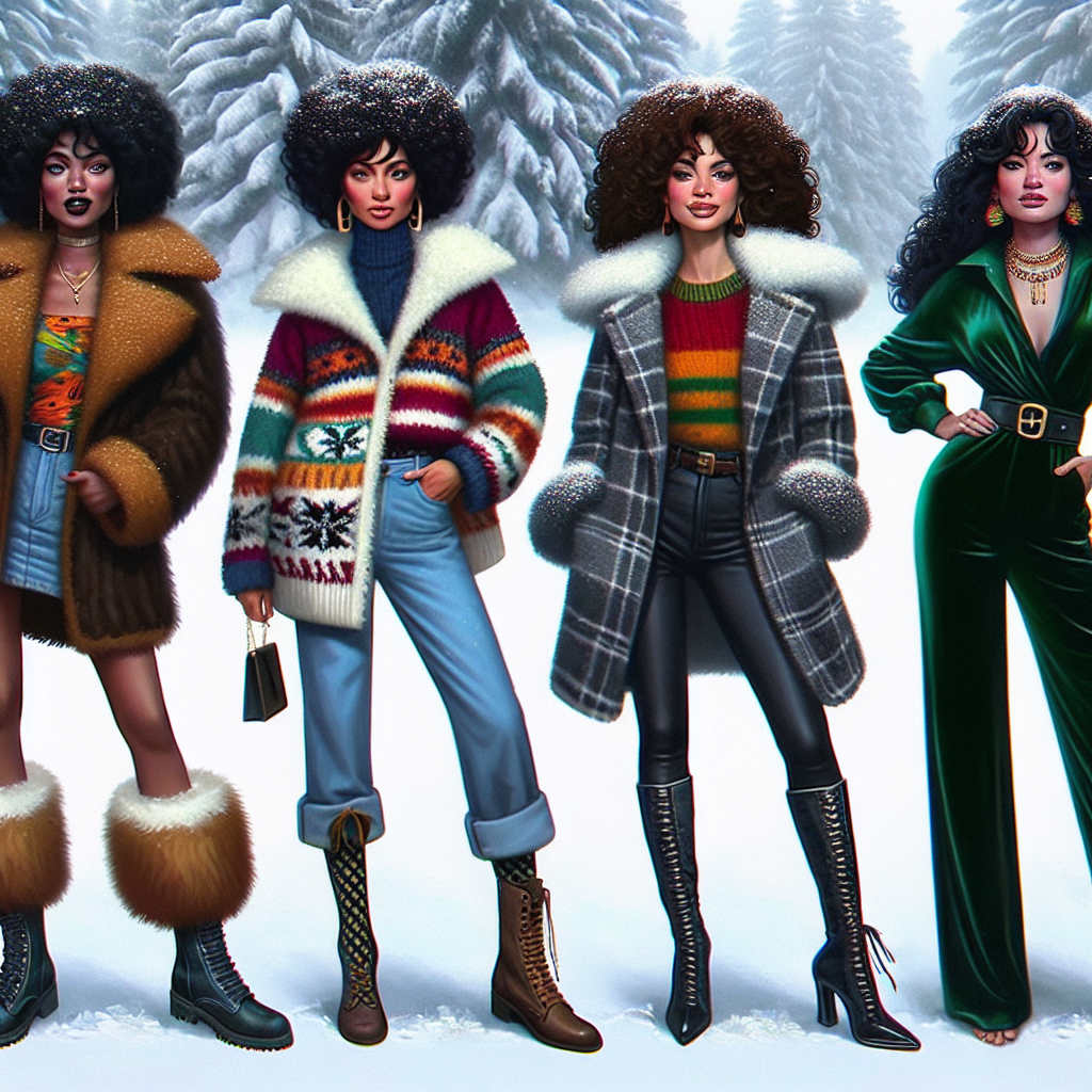 Stunning Winter Comedy Show Outfits for Her Imagine a snowy winter scene with four women showcasing their uniquely fashionable outfits designed especially for the comedy show outing. The first woman, a black, curly-haired comedian, dons a faux fur coat with flairs of vibrant colors. Next to her stands a middle-eastern woman, wearing a grey oversized woolen sweater paired with knee-length denim boots. Third in line is a Hispanic woman, she chooses to wear a quirky combination of an oversized red and green plaid shirt over black leggings. The final woman, of South Asian descent, shines in an emerald green velvet jumpsuit. All of them radiate confidence, humor, and exquisite taste in fashion.