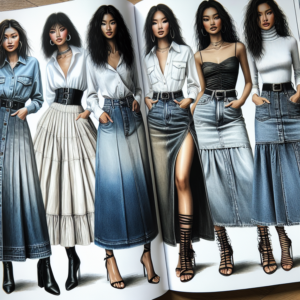 Discover Stunning Outfits for Long Jean Skirts Imagine a fashion magazine spread showcasing various stunning outfits that go well with long jean skirts. The first page features an Asian woman with a contemporary, edgy look. She wears a long, distressed denim skirt with a bold graphic tee and chunky boots. On the next page, a Black woman exudes a bohemian vibe. Her light-washed, long jean skirt is paired with a loose, white, off-shoulder blouse and strappy gladiator sandals. Lastly, you see a Middle-Eastern woman with a chic, minimalist style. She's donned a dark denim long skirt, a fitted white turtleneck, and sleek black pumps.