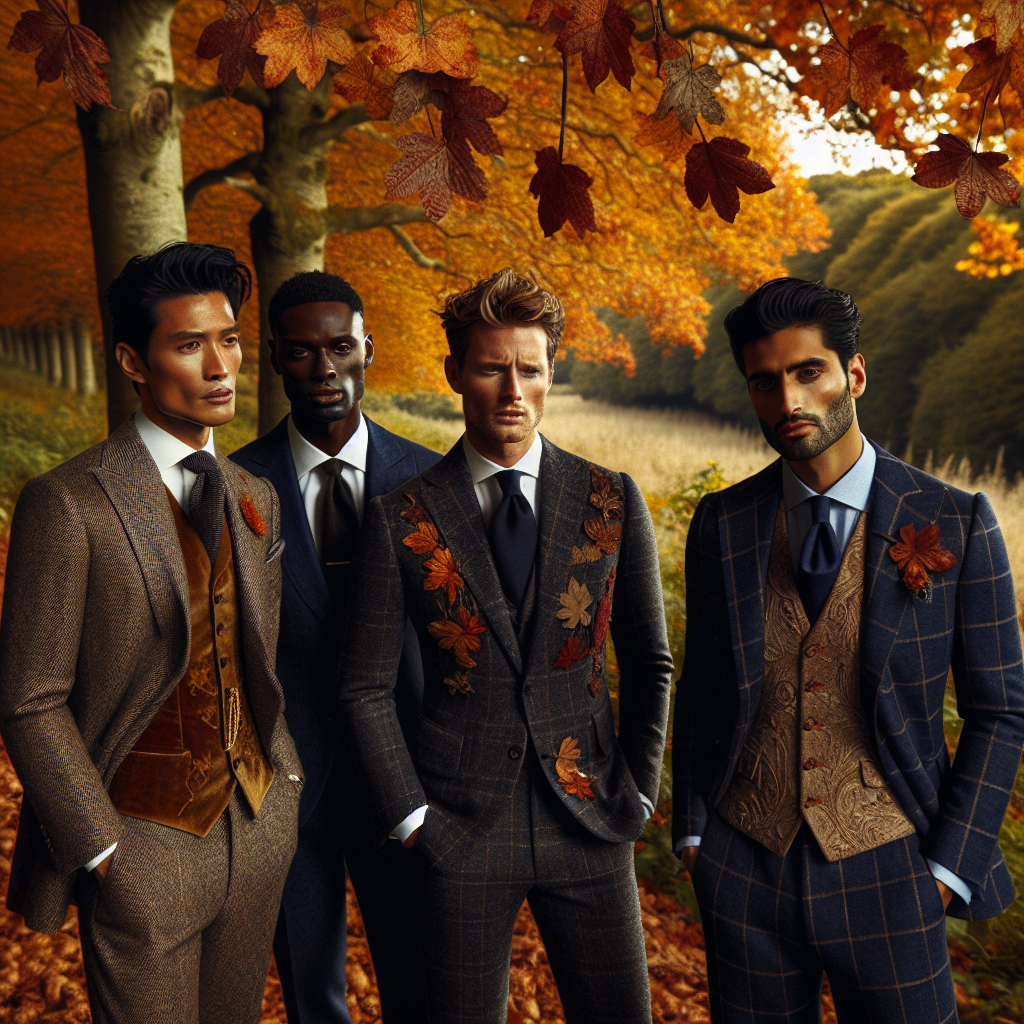 Stunning Fall Wedding Attire for Men: Shop Now An autumnal scene showcasing different styles of fall wedding attire for men. Freeze this moment in time: leaves falling from the trees, painted in bright oranges and yellows. Amidst this gorgeous backdrop, display four men of varied descents - South Asian, Black, Hispanic, and Middle-Eastern. Each man should have a distinct style of suit that reflects the current fall fashion trends. One man is wearing a classic tweed suit, another fashioning a velvet suit with embroidered details, the third one in a three-piece wool suit, and the last in a navy check blazer with matching trousers. They all exhibit sophistication and elegance.