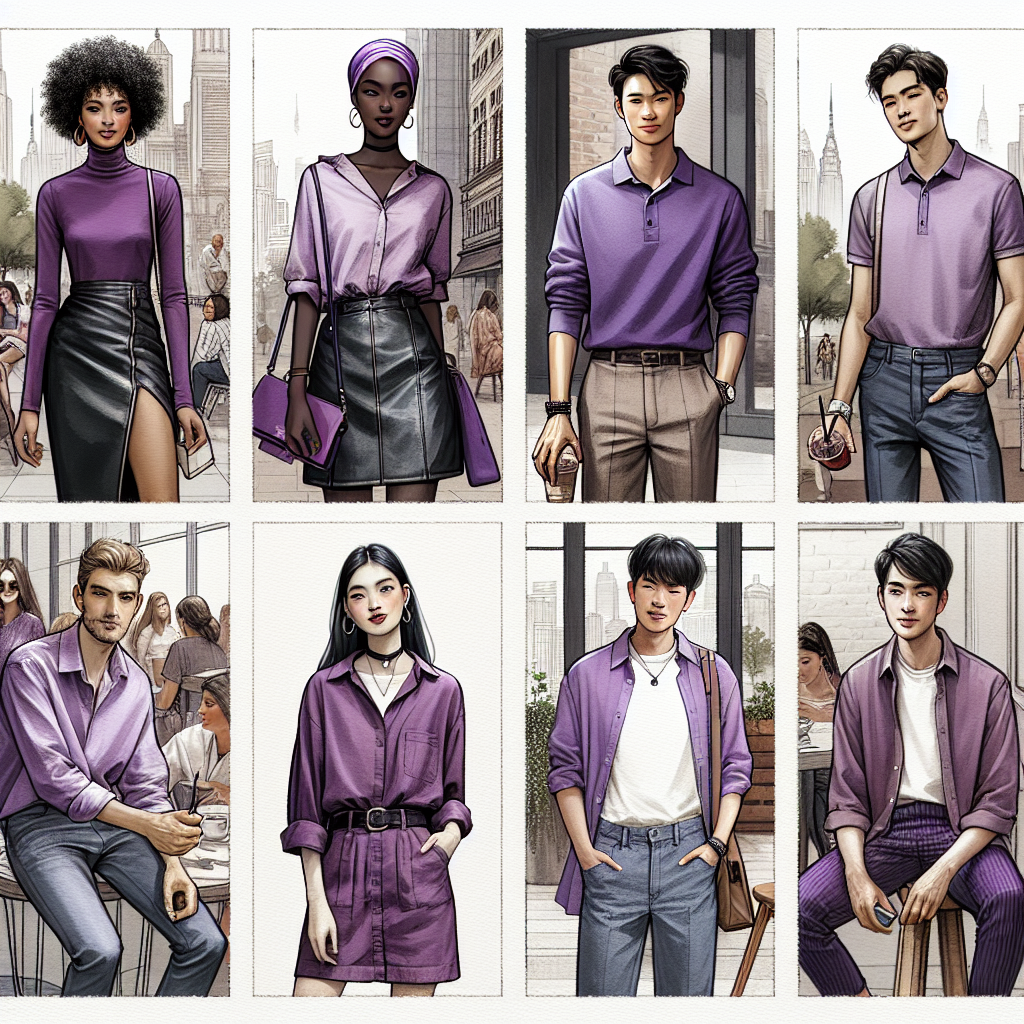 Discover Must-Have Looks for Purple Shirts Visual representation showcasing a variety of outfits incorporating purple shirts. The scene involves diverse individuals of different descents and genders. A Black female in an urban setting combines a deep purple shirt with a leather skirt. Next, an Asian male pairs a pastel purple polo with dress pants at a casual outdoor gathering. A Middle-Eastern non-binary person teams a plum-colored shirt with eclectic boho pieces in a café. Lastly, a Caucasian man mixes a mauve button-up shirt with jeans for a relaxed weekend. The style ranges from casual to formal, chic to comfortable, vividly illustrating the versatility of purple shirts.