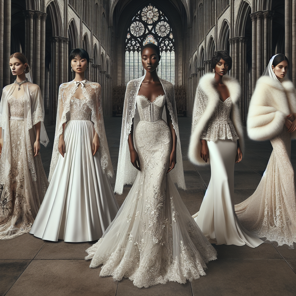 An elaborate scene showcasing five different must-have cover-ups for wedding elegance. The first is a chic bolero draped around the shoulders of an Asian woman wearing a beautifully embroidered wedding gown. The second shows a Hispanic woman wearing a sheer, floor-length cape with her white mermaid-style dress. The third one portrays a Black woman in an intricate lace shrug over her creamsicle colored dress. The fourth presents a Middle-Eastern woman pulling off a sleek cashmere wrap with her vintage wedding dress. The fifth features a Caucasian woman donning a faux fur stole over her winter-themed wedding dress. A grand Gothic cathedral serves as the backdrop for this scene.