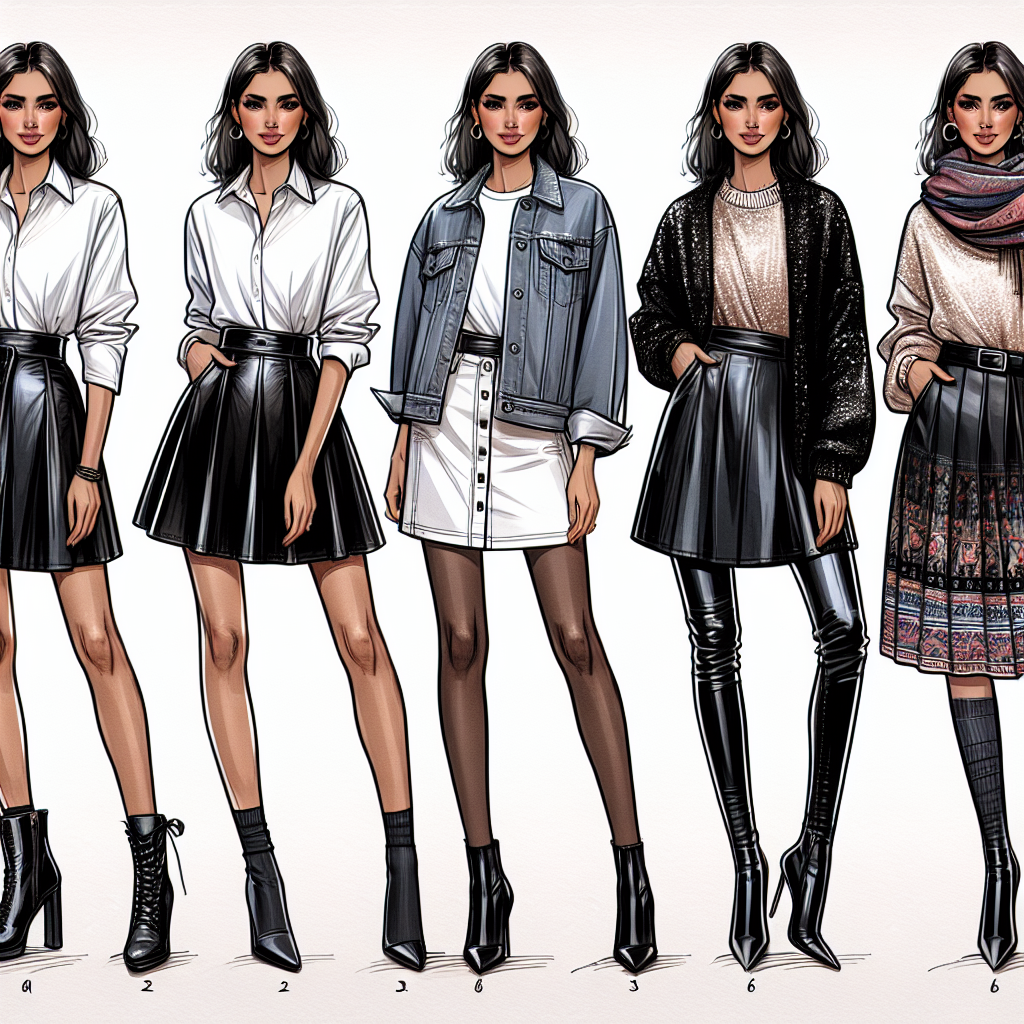 Black Leather Skirt Styling: Must-Have Looks for Any Event Create an image showcasing five distinct looks featuring a black leather skirt. Display a mix of both casual and sophisticated styles for various events. The first look should include a Caucasian woman in a black leather skirt paired with a white blouse and ankle boots. The second look should feature a Black woman in a black leather skirt and a denim jacket with high heels. The third look could showcase a Middle-Eastern woman matching a black leather skirt with a cozy sweater and sneakers. For the fourth look, visualize a Hispanic woman combining a black leather skirt with a sequin top and strappy sandals. Lastly, the fifth look should portray a South Asian woman in a black leather skirt styled with a colorful scarf and knee-high boots.