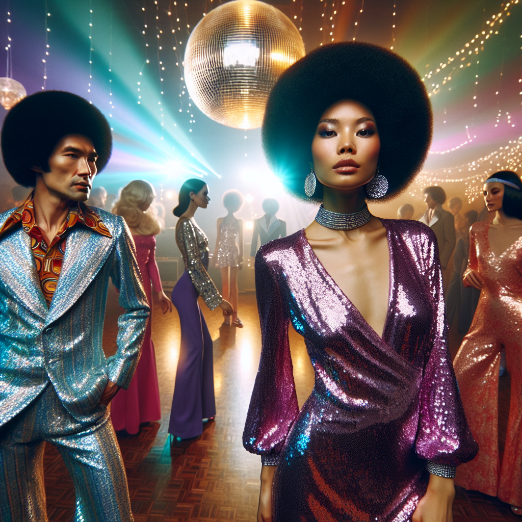 Envision a captivating image that captures the essence of must-have disco outfits. In the forefront, there's a Hispanic woman embodying effortless style, she's adorned with a shimmering sequin dress that captures and reflects the disco lights around her. Next to her, an Asian man in a stylish, bright-colored, polyester suit, demonstrating the dazzling charm of retro fashion. Their Afro hairstyles are indicative of the disco era. Around them is a vibrant atmosphere filled with people donning similar retro attires, the glimmering disco ball overhead, and the dance floor pulsating with the rhythm of 70's music.