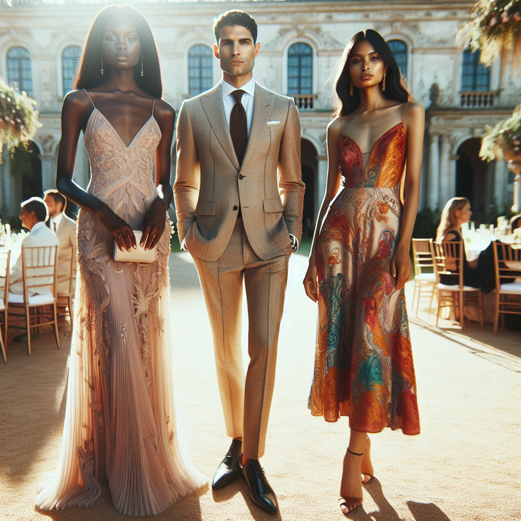 Stunning Outfits for 5:00 Weddings: Effortless Style Imagine an immaculate outdoor venue, bathed in the soft light of a late afternoon sun. The guests have arrived for a 5:00 wedding. Focus on three guests standing together. To the left, a Black woman wearing a moderately elaborate, ankle-length dress in a warm pastel color. In the center, a Middle-Eastern man showcasing a sharp, light-colored suit with a complementing tie. To the right, a South-Asian woman adorned in a vibrant, elegant, knee-length cocktail dress. All outfits portray an effortless yet stunning style, signifying sophistication and charm. Add an air of joy and anticipation around these stylish attendees.