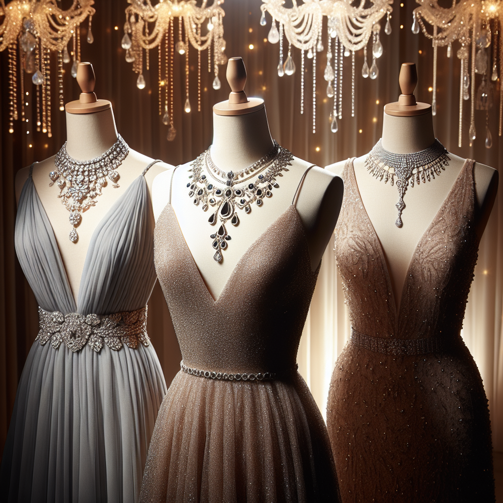 Stunning Necklaces for V-Neck Dresses: Effortless Elegance Depict an elegant scene that showcases a selection of stunning necklaces designed to complement V-neck dresses. These necklaces should be beautifully detailed, varying in design and materials, some with precious stone embellishments, others more understated and delicate. Picture a few of the necklaces draping over elegantly designed mannequins adorned with V-neck dresses to present a perfect marriage of jewelry and fashion. The setting should emit a radiant, sparkling atmosphere that emphasizes the effortless elegance these pieces bring to their wearer. Each necklace showcases a unique style perfect for any occasion, from casual daywear to glamorous evening ensembles.