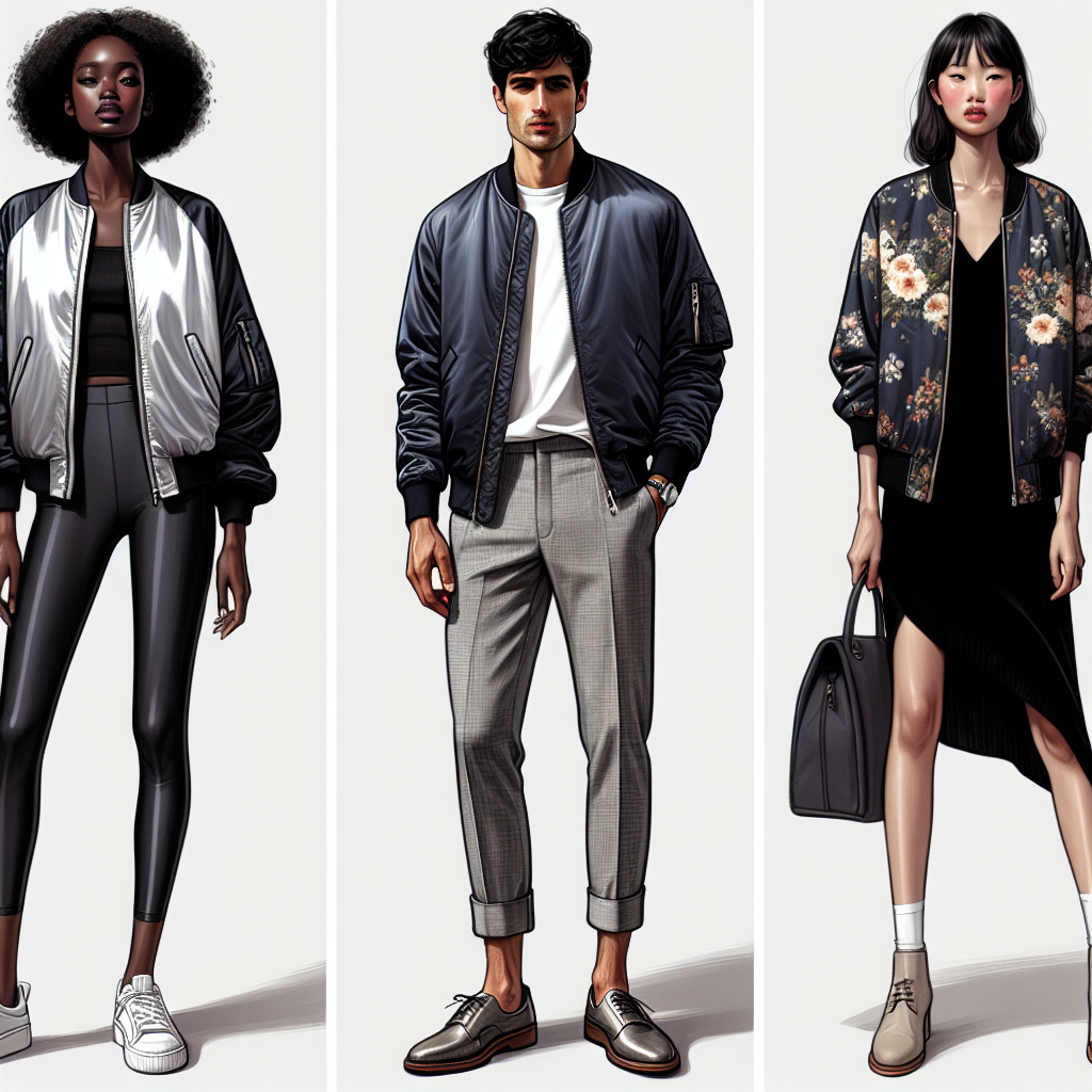 Visualize a series of three different outfits incorporating bomber jackets as a key element in their design. The first outfit features a Black woman in her twenties donning a metallic silver bomber jacket paired with black leggings and white sneakers. The second showcases a Middle-Eastern man in his thirties sporting a navy blue bomber jacket over a white crewneck t-shirt, matched with grey chinos and brown derby shoes. The final outfit highlights an Asian woman in her forties adorning a floral print bomber jacket with a black dress and beige ankle boots. Each outfit exudes a sense of effortless fashion, embracing top trending styles.