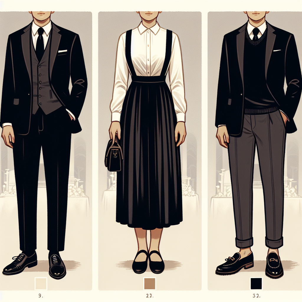 Funeral Attire Guide: Effortless, Respectful Outfits Visual guide on respectful attire for a funeral - showcasing a series of three outfit examples. The first outfit is for a Caucasian male, presenting a classic black suit, a white formal shirt and a black tie. The second example illustrates an attire for a Hispanic female, featuring a dark-colored modest dress up to knee length with matching closed-toe shoes. The third outfit is for a Black non-binary individual, demonstrating a dark blazer with matching trousers and loafers. Each outfit should exude a sense of respect, elegance and somberness appropriate for a funeral setting.