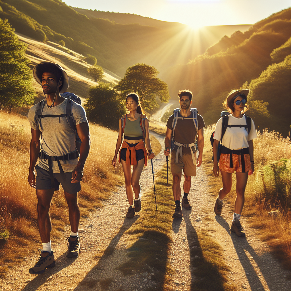 Must-Have Summer Hike Attire: Effortless Style A picturesque summer hillside trail, bathed in the warmth of golden sunlight. On this trail, a diverse group of four hikers are making their trek. One person, a male of Black descent, is dressed in breathable, stylish hiking shorts and a sun hat. An Asian woman, equipped with multi-pocket lightweight hiking pants, and a cooling headband. A middle-eastern man, donning a sweat-wicking athletic shirt. Lastly, a Hispanic woman, accessorized with a brightly colored bandana scarf tied around her waist and wearing a pair of high-performance sun-glasses. They all are wearing supportive, lightweight trekking shoes, hats for sun protection, and have hydration packs on their back.