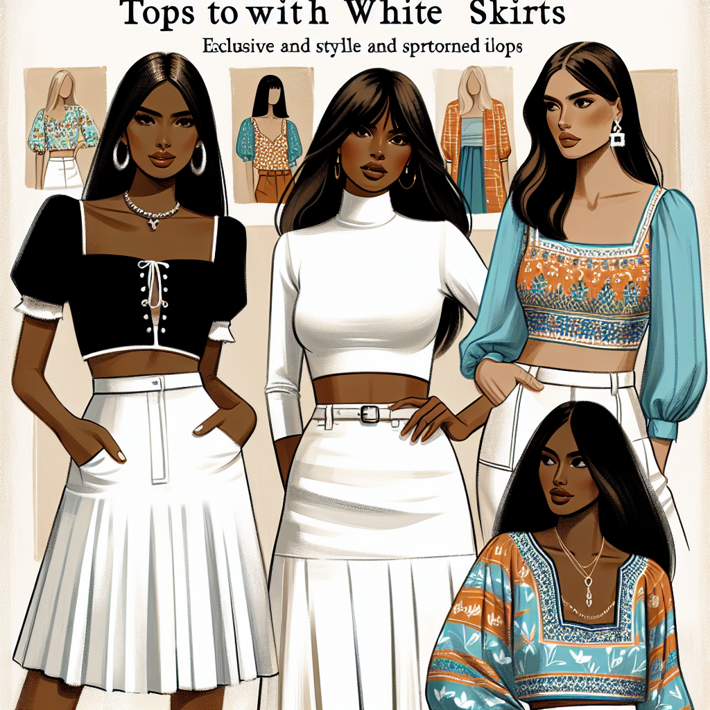 Must-Have Tops for White Skirts: Exclusive Styles Illustrate an article cover showcasing four trendy, must-have tops to pair with white skirts. The first top is a chic black cropped blouse worn by a South Asian woman. The second top is a colorful patterned shirt, being modeled by a Hispanic woman. The third features a minimalist white turtleneck on a black woman. The final top is a lively blue peasant blouse donned by a Middle-Eastern woman. These tops epitomize exclusive and stylish options to match with white skirts.