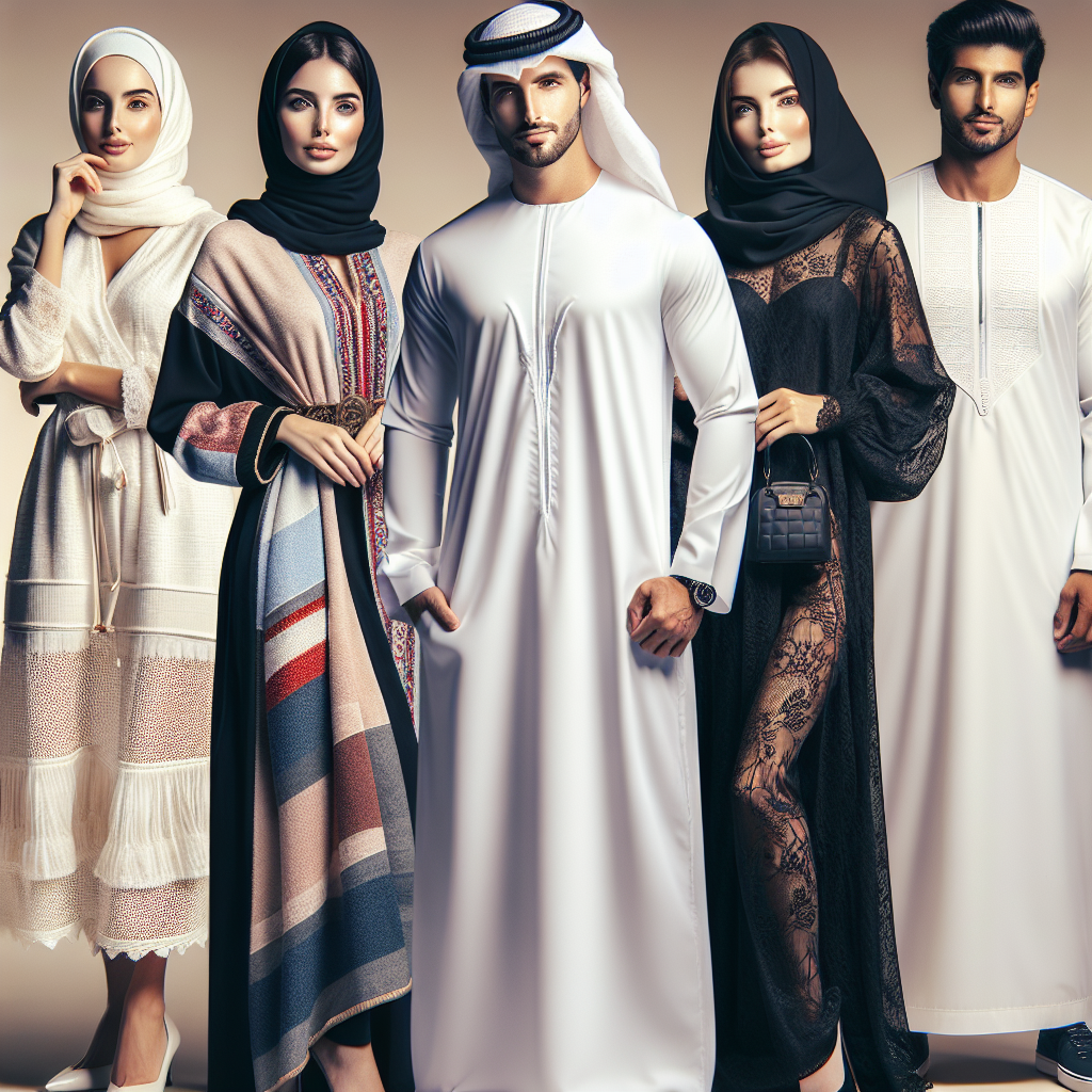 What to Wear in Abu Dhabi: Stunning & Modest Finds An ensemble of diverse people flaunting a variety of stylish and modest clothing ideal for Abu Dhabi's climate and culture. To the left, a middle-eastern woman in a stylish loose-fitted white kaftan paired with a colorful headscarf, and a Hispanic man sporting a crisp white dishdasha. To the right, a Caucasian woman donning an elegant black abaya with intricate lace details, and a South-Asian man in a well-tailored beige kandura. Together, they represent the vibrant and respectful fashion scene in the city.