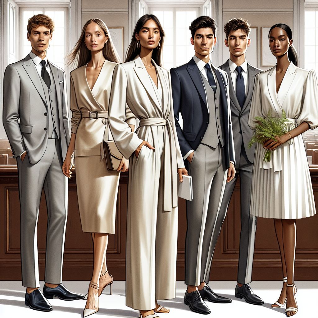 Effortless Elegance: What to Wear to a Courthouse Wedding A fashion spread that outlines ideas on what to wear to a courthouse wedding. The image should depict several individuals of varying genders and descents in elegant, simple attire suitable for this occasion. Show a Caucasian man in a light grey suit, a Middle-Eastern woman in a sophisticated cream-colored dress, a Hispanic man in a navy blue blazer and crisp white shirt, a South Asian woman in a tailored silk jumpsuit, and a Black woman in a chic knee-length skirt and blouse combo. Elegance and class should resonate from their outfits. The backdrop can be a courthouse interior to set context.