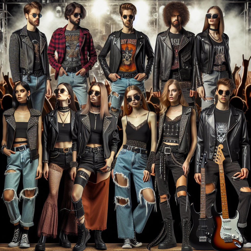 A fashion oriented image showcasing a collection of stunning outfit ideas for fans of heavy metal music. These outfits should reflect the aesthetic typically associated with the music genre, consisting of elements such as black leather jackets, band T-shirts, studded accessories, and distressed denim. Ideally, we should see a range of styles suitable for people of diverse gender identities including male, female, and non-binary. Include people of differing descents, such as Caucasian, South Asian, Hispanic, Black, and Middle-Eastern, to encapsulate the diversity of the music scene. The scene is set against a backdrop that suggests the atmosphere of a rock concert.