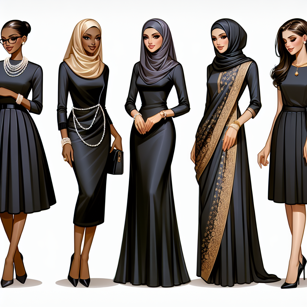 Stunning Memorial Service Attire for Women – Effortlessly Elegant Depict a series of fashionably elegant and respectful women's memorial service attire. The first image shows an African woman dressed in a sleek black dress complimented with a pearl necklace. The second portrays a Middle Eastern lady clad in a tasteful dark-colored Hijab and long gown. The third image presents a South Asian woman in a perfectly tailored dark sari with subtle gold accents. The fourth represents a Hispanic woman outfitted in a modest black blouse and midi skirt, and the fifth portrays a white woman wearing a simple yet sophisticated black dress suit. Each clothing showcases that one can maintain grace and style even in solemn situations.