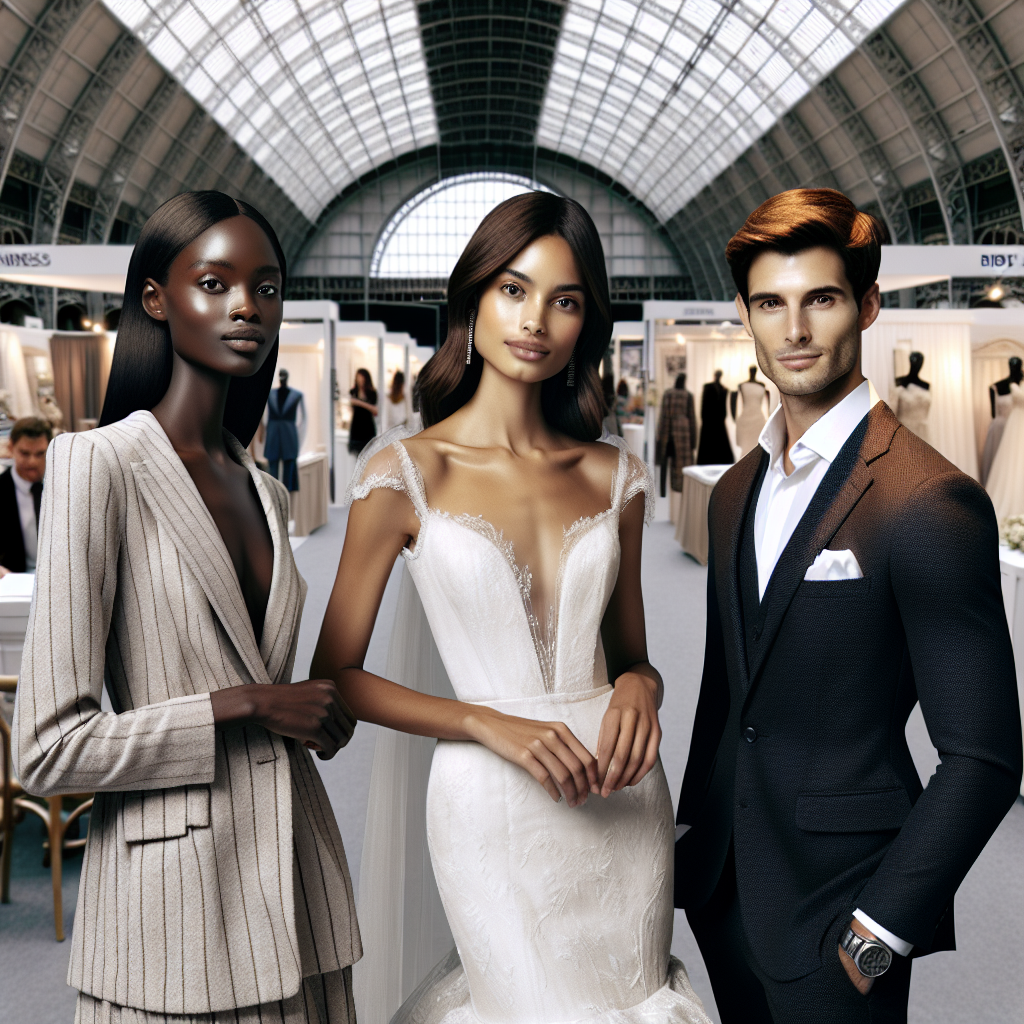 Effortless Outfits for Bridal Expos: Must-Have Looks Generate an image depicting three individuals at a bridal expo, each showcasing a different must-have outfit. The first individual is a Black woman, radiant in a chic, modern bride's outfit with subtle vintage elements. The second is a Hispanic man, charming in an elegant, classic groom's outfit. The third figure is a South Asian woman, stunning in a sleek business suit as a bridal expo professional. The scene conveys the bustling atmosphere of a bridal expo with various booths and displays in the background, all within a grand exhibition hall.