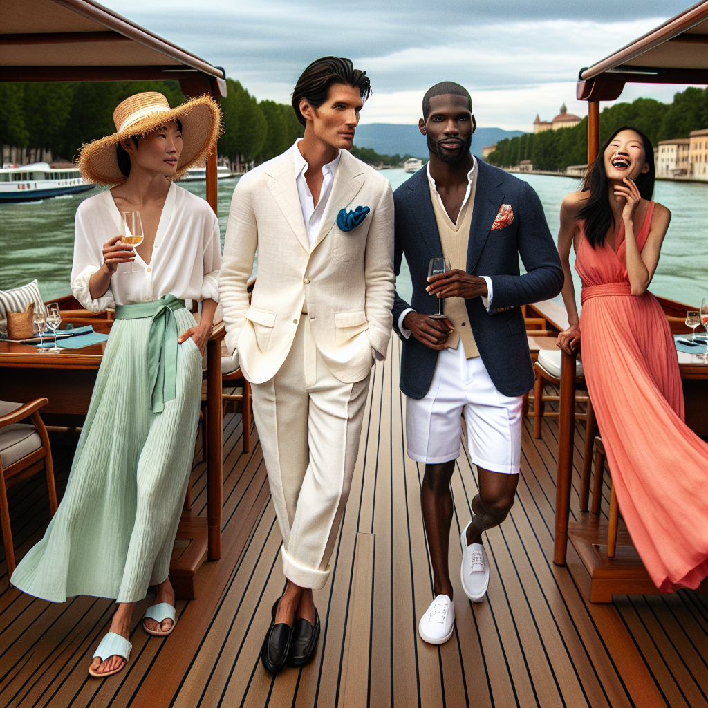 Stunning Outfits for River Cruises: Must-Have Elegance Visualize a chic scene on a river cruise. To the left, see an Asian woman in a flowing chartreuse summer dress paired with a straw sun hat. Adjacent, observe a Hispanic man in a white linen suit, complemented with a silk cyan pocket square. The suave Black gentleman to the right sports a navy blazer over white Bermuda shorts. Unseen, a Middle-Eastern woman's laughter floats from the background, adorned in a coral maxi dress. The wooden deck contrasts beautifully with the soft pastel colors of their attire and the gentle waters of the river flowing beside them.