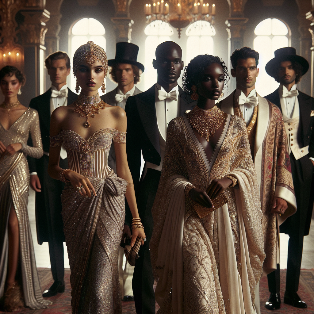 A sophisticated scene showcasing a royal wedding. Focus on the attire, showcasing a visual array of diverse guests. A South Asian woman is elegantly dressed in an extravagant, sparkling sari, draped with delicate gold jewelry. Across from her, a Black man is portrayed in a regal, western-style tailored tuxedo with a delicate silk ascot. A Middle-Eastern woman stands nearby adorning a richly brocaded kaftan, while a Caucasian man in a traditional morning suit adds further diversity. Scattered among them are other guests in varying, equally elegant outfits, each exquisitely detailed and designed with effortlessness and elegance. Remember, the mood is joyful and opulent, hinting at an air of royalty.