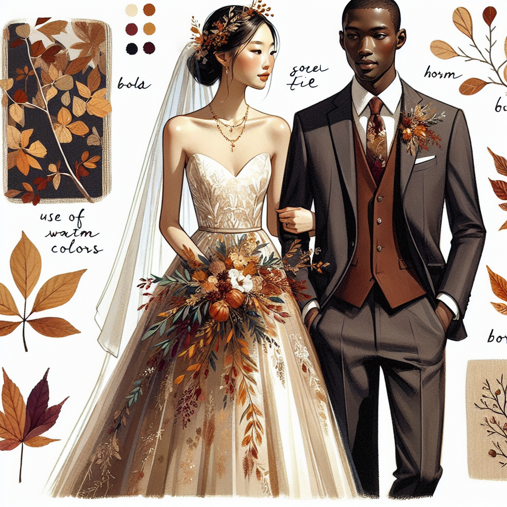 A picturesque autumnal wedding scene illustrating a style guide. The image contains a couple dressed fabulously for their nuptials. The bride, an Asian woman, gracefully dons an elegant white gown with hints of fall-inspired colors like gold and maroon. Her veil is tastefully adorned with small autumn leaves instead of traditional lace. The groom, a Black man, is sophisticated in a tailored charcoal suit, his tie captures the essence of fall with rust, ochre, and burgundy hues. Some tips such as use of warm colors and seasonal accessories are subtly incorporated in their outfits.
