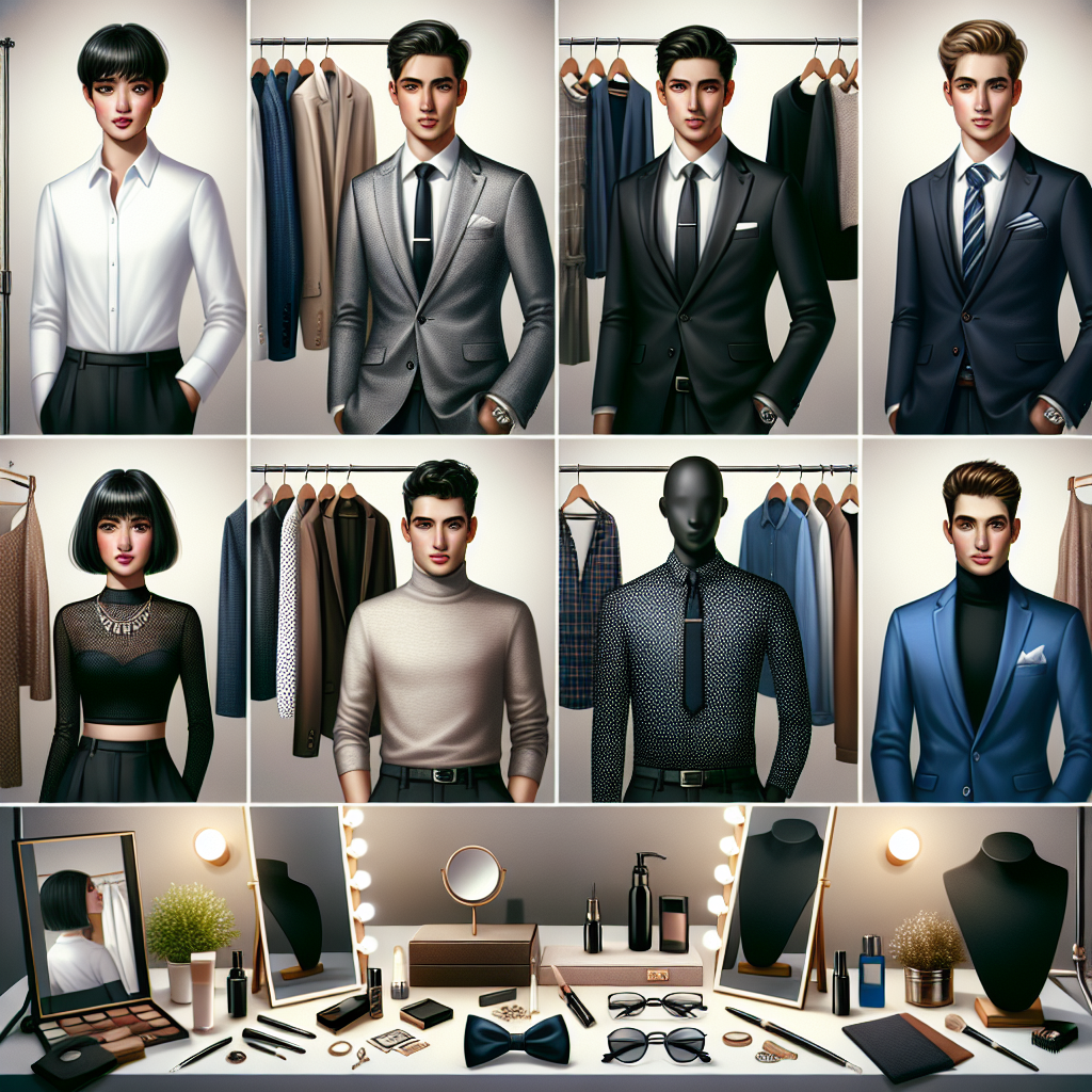 Dress to Impress: Must-Have Outfits for Headshots Envision an array of stylish outfits suitable for professional headshots. Each outfit should accentuate the individual's character and enhance their professional persona. Consider a variety of wardrobes, including a crisp white shirt and gray blazer ensemble for a Caucasian woman, a sleek black turtle neck for a Middle-Eastern man, a sassy polka-dot blouse and blazer combo for a Black woman, and a dashing blue suit for a Hispanic man. An assortment of accessories like neckties, handkerchiefs, cufflinks, and statement jewelry should complement each outfit. Surround them with a setting of backstage dressing rooms full of makeup, mirrors, clothes hangers, and soft light.