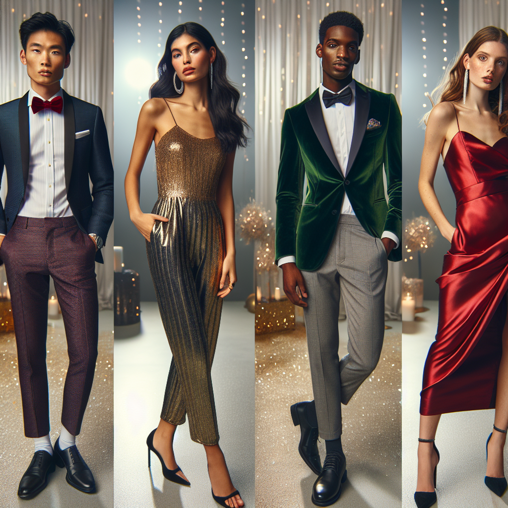 What to Wear for a Celebration: Effortless, Stunning Choices An image showcasing a diverse group of individuals showcasing their party attires. To the left, an Asian man is wearing a slick black suit paired with a crisp white shirt and a ruby red necktie. Beside him, a Middle-Eastern woman exudes confidence in her glittery golden dress and high-heeled pumps. In the middle, a Hispanic female is in a stunning emerald green satin jumpsuit accessorised with silver jewellery. To the right, a Black man is adorned in a navy blue velvet blazer, white dress shirt, and grey trousers. In the front, a Caucasian woman is wearing a ravishing red silk cocktail dress with black heels. The atmosphere should indicate a festive and joyous occasion with a subtle background of soft, colorful party lights.