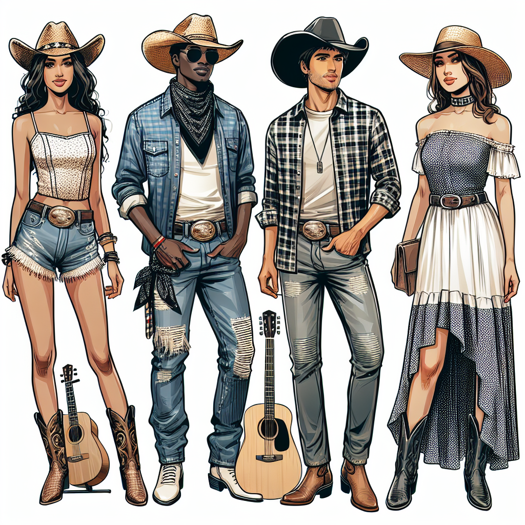 Stunning Outfits for Rascal Flatts Concert: Must-See Styles! Depict several stylish outfits suitable for a country music concert, featuring both male and female fans. For the first outfit, depict a Middle-Eastern woman with a cowboy hat, denim jeans, and boots. Another outfit is for a Black man with a checkered shirt, cowboy boots, and a bandana around his neck. And the third is for a Caucasian woman in a stylish summer dress, cowboy boots, and a sunhat. These outfits should have elements that reflect the vibes of a lively country music environment. Please include a guitar to represent the music theme.