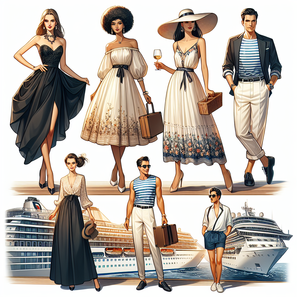 An array of stylish cruise outfits inspired by timeless European fashion. Show four different outfits suitable for different activities aboard a cruise ship. Include one chic, black evening gown worn by a Caucasian woman, ideal for a ship's formal dining event. The second outfit should be a light, airy sundress worn by a Black woman, perfect for sunny days on deck. The third outfit will be a comfortable travel ensemble worn by a Middle-Eastern man, suitable for excursions when the ship docks. Lastly, depict a nautical-inspired ensemble worn by a Hispanic man, great for casual strolls around the ship.