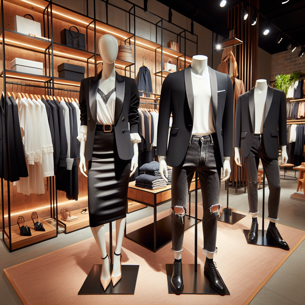 Brightly lit boutique showcasing a variety of stunning outfits featuring black blazers neatly arranged on hangers. The styles range from casual to formal and are each paired with coordinating accessories and footwear. A stylish black blazer for women on a mannequin displaying a business look with a white blouse, pencil skirt, and high heels. Another display has a male mannequin with the blazer paired with a V-neck T-shirt and rugged jeans for a casual look. An inviting interior design and helpful signage, guide customers to find their perfect fit.