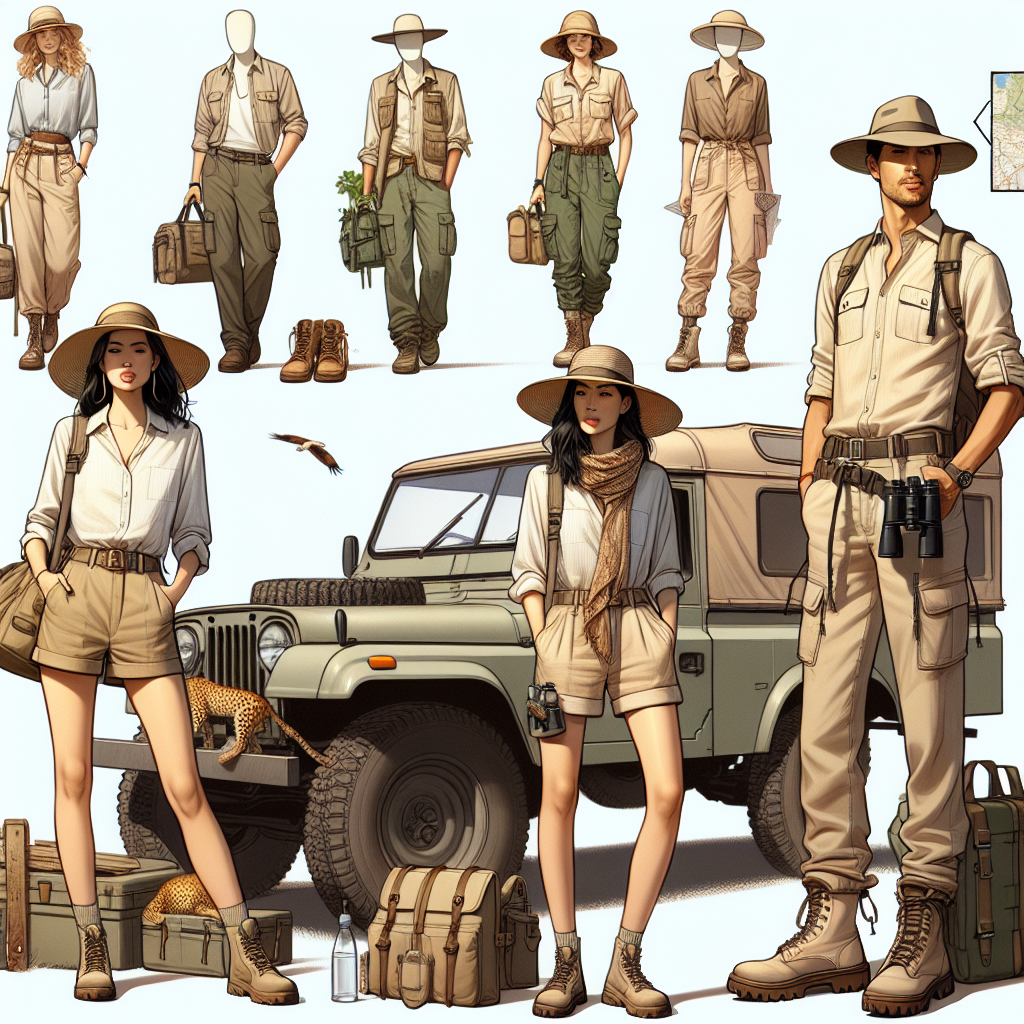Visualize a showcase of different 'Safari Style' outfits. In the foreground, present a female explorer of South Asian descent wearing khaki shorts, a white linen shirt, and a wide-brim hat, holding a pair of binoculars. Behind her, show a Hispanic male in a beige safari vest, olive cargo pants, and sturdy boots, leaning on a jeep. In the background, include a Caucasian woman wearing a lightweight jumpsuit, sturdy sandals, and a sun-shielding scarf, examining a map. Each of them should display must-have accessories like water bottles, practical bags, and sunscreen. Use the colors of the African savannah for general tonality.