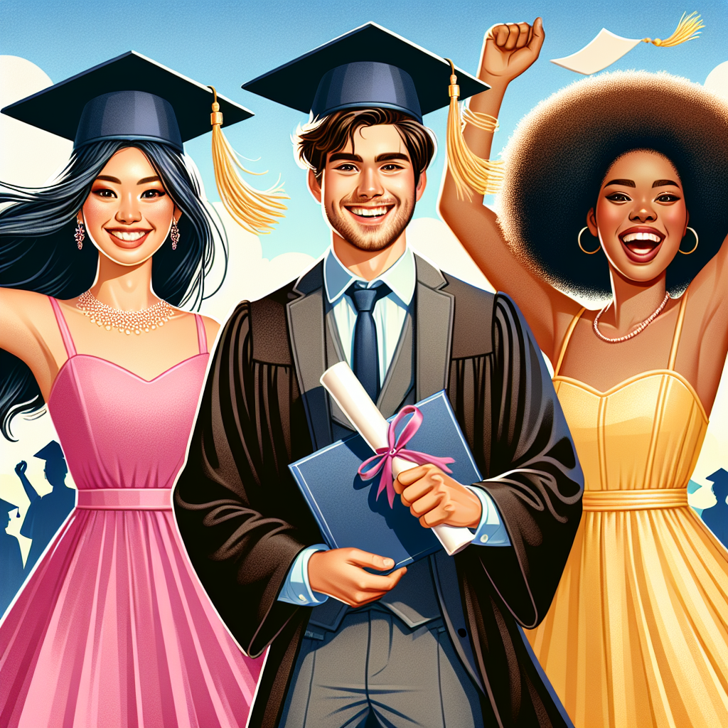Stunning Graduation Outfits: Best Styles for Your Big Day Illustration of a graduation celebration featuring a trio of different students: a young South Asian woman wearing a formal pink gown combined with her graduation cap and gown, an ecstatic Middle Eastern man in a tailored grey suit showcasing his diploma while donning a graduation cap and gown, and a vibrant Black woman dressed in an elegant yellow sundress, her graduation cap tassel swinging jubilantly. All three individuals are radiating with joy and accomplishment, with a backdrop of a vibrant blue sky and a graduation celebration in the background.