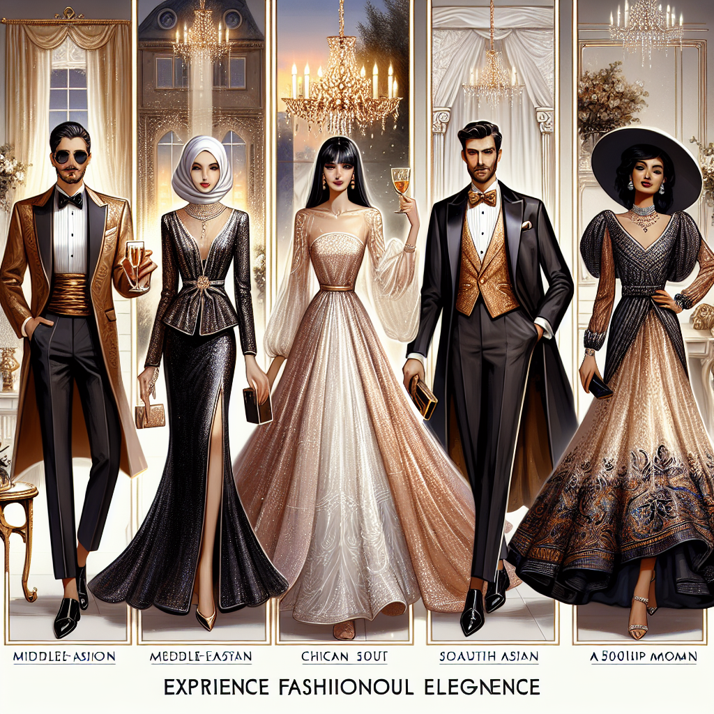 Experience fashionable elegance with this visual representation of stunning outfits appropriate for a 50th anniversary celebration. Picture an array of five different outfits, targeted towards diverse groups of people. Imagine a sophisticated tuxedo for a Middle-Eastern gentleman, a scintillating gown for a Caucasian lady, a chic, modern suit for a South Asian man, an enchanting dress for a Hispanic woman, and an exquisite, traditional outfit suitable for a Black person. Details should focus on the mature and elegant style that aligns with such a special occasion. The background can incorporate aesthetic elements of golden jubilee celebrations.