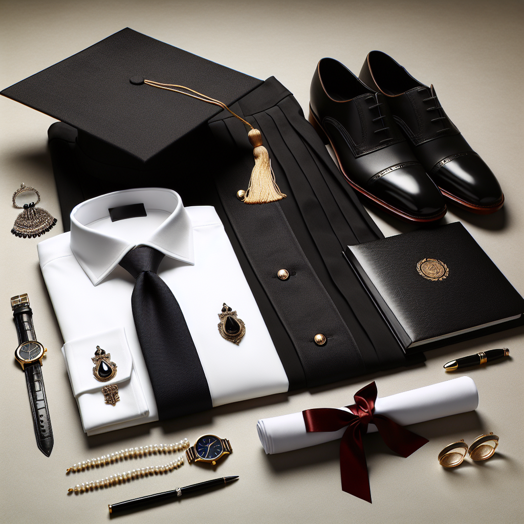Stunning Graduation Outfits: Best Picks for You! An elegant fashion ensemble arranged thoughtfully on a smooth surface. The ensemble consists of a flowing, black graduation gown, a matching graduation cap, a neatly folded white shirt with a classic blue tie, and polished black leather shoes. A golden graduation tassel and a silver honor cord drape gracefully atop the cap. Include a diploma embellished with a red ribbon placed nearby. For the finale, illustrate an array of graduation outfit accessories like a pearl necklace, opulent earrings, and an elegant wristwatch. The style should evoke a sense of accomplishment, pride and readiness for the next chapter in life.