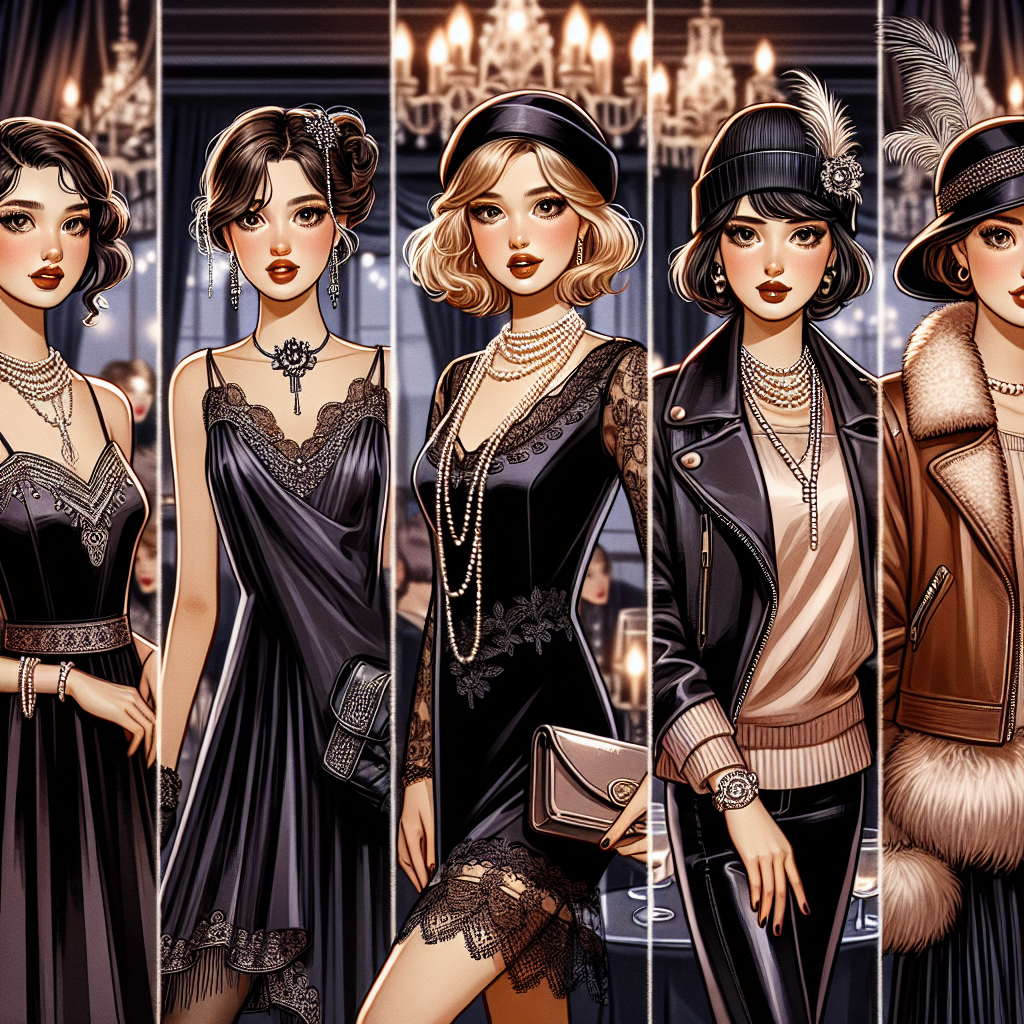 Must-Have Styles: What to Wear to a Jazz Club for Women A detailed fashion styling guide for women who want to attend a jazz club. This scene should include a South Asian woman confidently sporting a refined black velvet dress with a touch of lace, a Caucasian woman elegantly dressed in a classic 1920s flapper dress with pearl accessories, and a Middle-Eastern woman wearing a chic leather jacket paired with a vintage silk blouse. Their looks are complete with vintage-inspired make-up, feathered hats, and shiny leather boots. In the background, a classy jazz club atmosphere can be seen, with soft, dim lighting and velvet curtains.