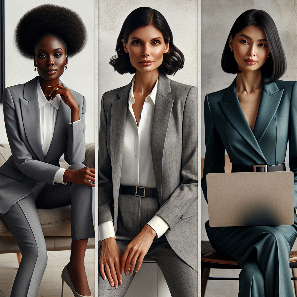 Imagine a fashionable and modern office setting. In the middle, a confident Hispanic woman is seen, wearing a professional gray blazer, a plain white blouse, and matching gray trousers, a neatly done bun adding to her polished look. On one side, a Black woman in a sharp blue business dress sits near her laptop, her hair styled in short curls. On the other side, a South Asian woman wearing a formal green jumpsuit with her sleek straight hair falling over her shoulders is captured while adjusting her laptop. Each woman is preparing for an online interview, showcasing an array of must-have women's outfits for Zoom interviews.