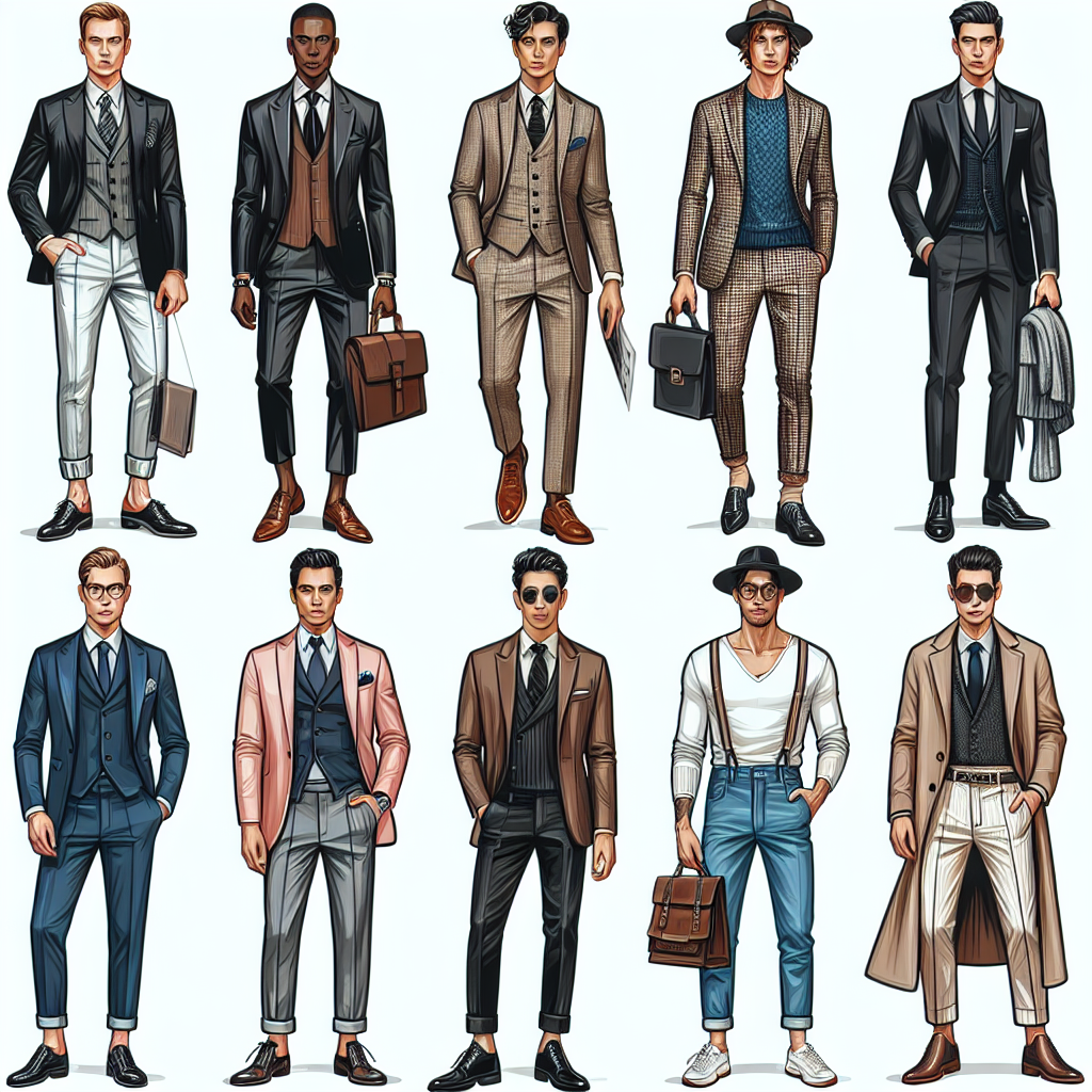 What to Wear to a Fashion Show Men: Exclusive Guide A detailed visual guide on what to wear to a fashion show for men. The image should feature men of different descents like Caucasian, Black, Hispanic, Middle-Eastern, and South Asian dressing in stylish, trendy, and fashionable attire suited for a fashion show. Showcase men in a mixture of formal wear, casual chic, and avant-garde styles to display a full spectrum of fashion possibilities. Include accessories and footwear to complete the outfits. The atmosphere should radiate sophistication and style, reflecting the exclusive and high-energy environment of a top-tier fashion show.