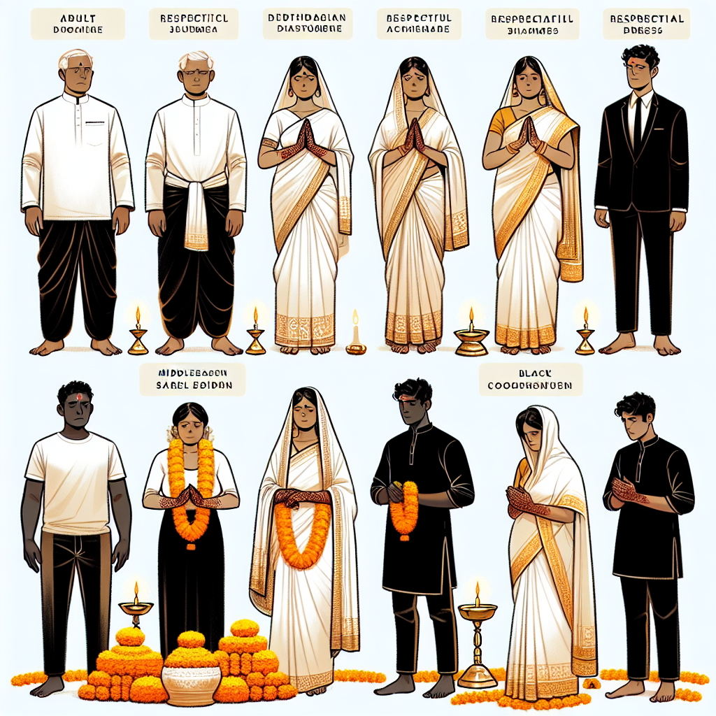 Stunning Hindu Funeral Attire Guide: Dress Respectfully A detailed visual guide demonstrating various traditional Hindu funeral attire. Feature a group of people showing respectful dress: an adult South Asian man in a simple white dhoti garment; a Middle-Eastern woman draped in an elegant white saree, her hands adorned with henna designs; and a Black individual donning a white kurta. Intersperse the scene with symbols of Hindu spirituality, like marigold flowers and diyas. Maintain a solemn aura throughout the scene, indicative of the gravity of the occasion.
