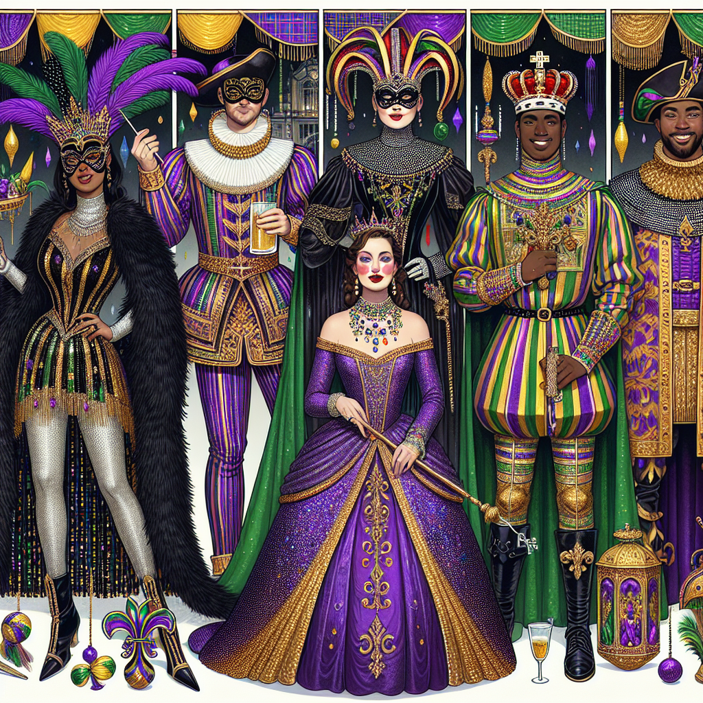 A detailed visual interpretation of a Mardi Gras style guide. Display a diverse group of five individuals showcasing their fashion ensembles: a black woman in an extravagant feathered mask and sequined gown, an Asian man in a purple, gold, and green jester suit with a wide-brimmed hat, a Caucasian woman wearing a velvet cloak and holding an ornate scepter, a Hispanic man donning a knight's costume complete with heraldry, and a Middle-Eastern woman showcasing a dress inspired by Mardi Gras beads. All amidst vibrant colors, vibrant patterns, float-like accessories, and a festive backdrop befitting the celebration of Mardi Gras.