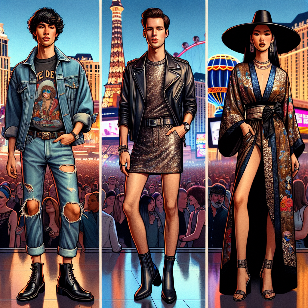 Stunning Vegas Concert Outfits: Effortless Style Tips Visual interpretation of a bustling Las Vegas concert where fashion-forward concert-goers are seen in various stunning outfits. The main focus is on three individuals, each with a unique effortless style. The first individual, a Hispanic male, sporting distressed jeans, a vintage band tee, and a classic black leather jacket. The second, an Asian female, shining in a shiny metallic mini dress paired with black ankle boots. Finally, a Middle-Eastern non-binary person, elegantly dressed in a fashion-forward kimono, wide-leg trousers, and large brim hat. Each individual's outfit reflects their unique style and the vibrant, energetic atmosphere of a Vegas concert.