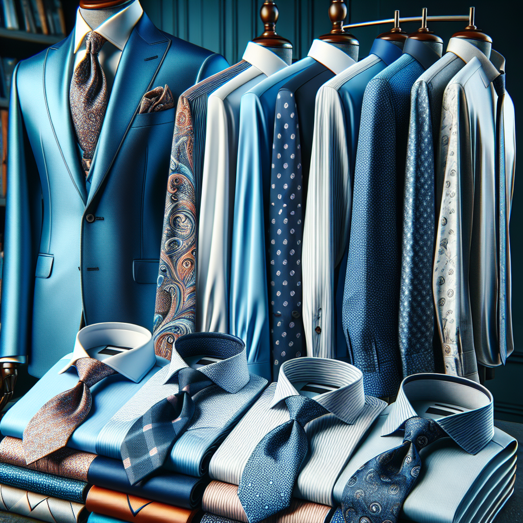 Must-Have Styles: Best Shirts & Ties for Blue Suits A comprehensive fashion guide showcasing different styles of shirts and ties that go well with blue suits. The image includes a variety of shirt styles such as classic white, stripped, and pastel-colored, paired with ties embracing designs like paisleys, dots, and solid colors. In the background, there is a well-tailored blue suit on a mannequin, providing a complete look. The scene has an elegant vibe, with hints of a boutique or a high-end fashion store.