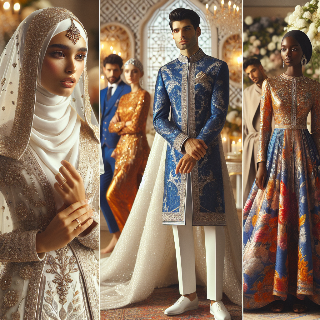 Exclusive Tips: Best Outfits for a Nikah Ceremony An image showcasing a collection of traditional and contemporary outfit ideas for a Nikah (Muslim wedding) ceremony. A Middle-Eastern bride is adorned in an intricate white gown with gold embroidery, complemented by a matching hijab gracefully framing her face. A South Asian groom, on the other hand, is dressed in a sherwani in rich, royal blue, accented with delicate silver details. In the background, a Hispanic woman in a vibrant, tastefully embroidered A-line dress and a Black man in a well-tailored suit add a sense of cultural diversity and inclusivity to the scene. The ambiance is festive, filled with warmth and love.
