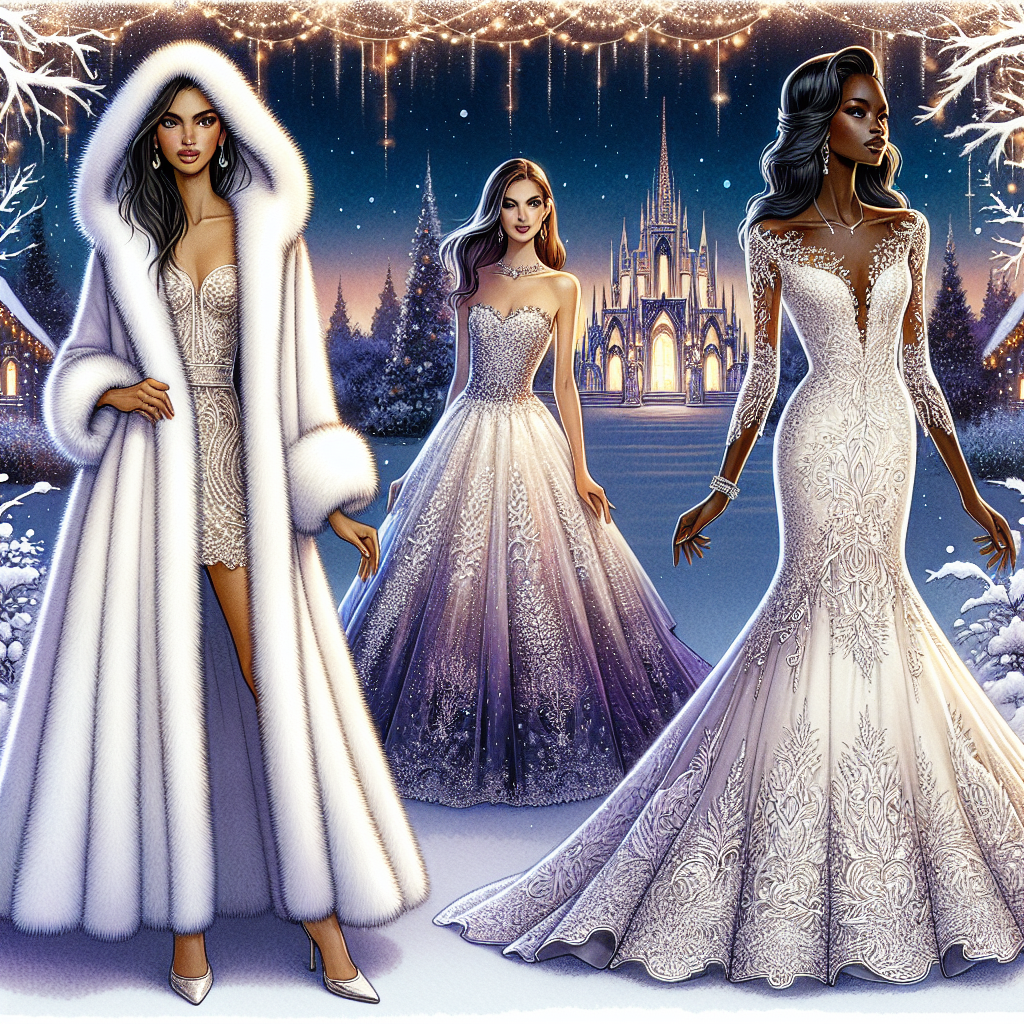 Stunning Coats for Dresses: Best Cold Wedding Picks A vivid, detailed fashion illustration showcasing a variety of stunning coat options elegantly paired with winter wedding dresses. In the foreground, a Middle-Eastern woman stylishly drapes a luxurious, white, faux fur coat over a delicately beaded mermaid wedding dress. To her left, a Black woman gracefully models an elegant long-line cashmere coat over a beautiful A-line wedding dress with intricate lace detailing. In the distant background, a snow-kissed wedding venue twinkles beneath a soft twilight sky, setting a dreamy and romantic ambiance.