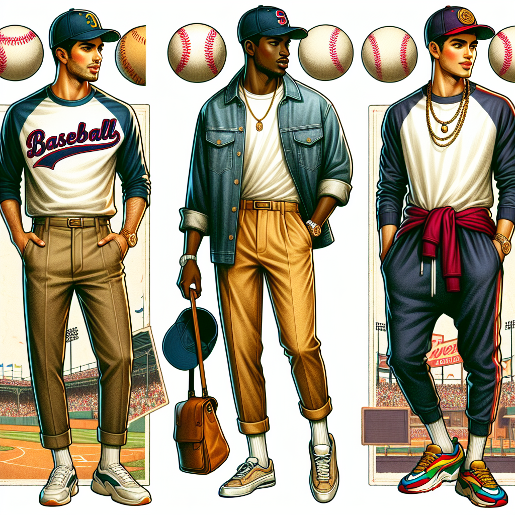 Baseball Game Style: Effortless, Must-Have Looks for Men Illustrate an image of three distinctive baseball game style outfits for men. The first man is of Middle Eastern descent, he's wearing casual attire with a vintage baseball team logo shirt, jeans and sneakers. The second portrayal includes a Black man in a denim jacket, basic white t-shirt, and comfortable khaki pants, his footwear comprises stylish loafers. The third display depicts a South Asian man in chic sports attire showing off with a baseball cap on his head, coupled with trendy dark-colored sweatpants and colorful sports trainers. Captivate the environment as a vibrant summer day, filled with excitement and energy.