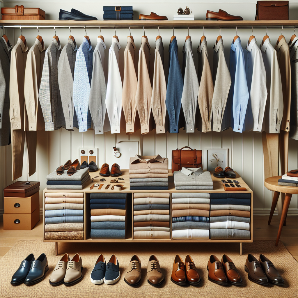 Ace Your Interview: Must-Have Business Casual Picks A well-curated, quintessential business casual wardrobe laid out. Centrally located, there's a neatly folded stack of Oxford shirts in various shades, to the right, an array of comfortable, yet professional khaki pants. To the left, there's a neat arrangement of smart skirts and blouses waiting to be paired. Include a selection of classy accessories like watches and minimalistic jewelry displayed on a wooden table. Lastly, ensure shoes like loafers for men and chic flats for women are present on a shoe rack at the bottom. The backdrop is of an organized walk-in closet.