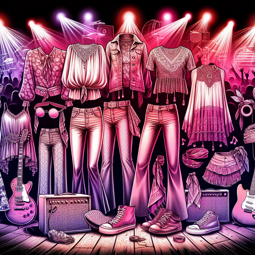 Stunning Pink Floyd Concert Outfits: Effortless Style Tips Create a stylized image showcasing a variety of concert outfits inspired by the iconic rock era. Feature an assortment of unique clothing items tinted in various shades of pink and detailed with visual elements reminiscent of a music concert. Include flowing blouses, bell-bottom pants, tie-dye shirts, leather jackets, and bandana headbands. Illuminate the image with psychedelic, colorful light effects to capture the essence of a rock concert ambiance. Remember to exclude any copyrighted logos or references to specific bands. Instead, focus on capturing the fashion trends popular in the era.