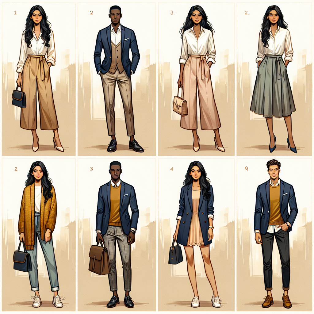 Effortless Outfits: What to Wear with a Navy Blazer Picture a fashion guide with different looks complementing a navy blue blazer. It shows four distinct outfits. Outfit one: A South Asian woman in chic white blouse, camel colored trousers, and the blazer. Outfit two: A black man pairing the blazer with a light blue shirt, grey trousers, and brown shoes. Outfit three: A Hispanic woman wearing the blazer over a pastel-colored dress. Outfit four: A Caucasian man complementing the blazer with a mustard yellow sweater and black jeans. Each outfit is presented against a simple, neutral toned backdrop without any distractions.