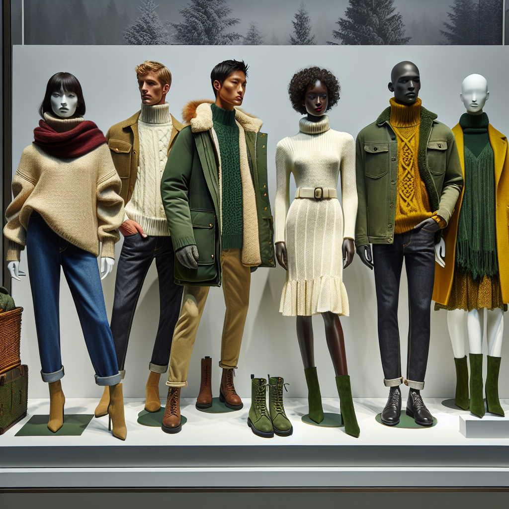Stunning Outfits to Wear With a Green Jacket A winter-themed tableau depicting an array of fashionable outfits coordinated with a green jacket. The first outfit is worn by a Caucasian woman, includes a beige sweater paired with a fitted blue jeans. The second outfit is modeled by a Hispanic man, showcasing a white turtleneck with black pants. The third is worn by a Black woman, a yellow knit dress matching marvelously with the green jacket. The fourth is worn by an Asian man, a maroon scarf and dark denim providing an appealing contrast. Each outfit is completed with a tastefully chosen green jacket.