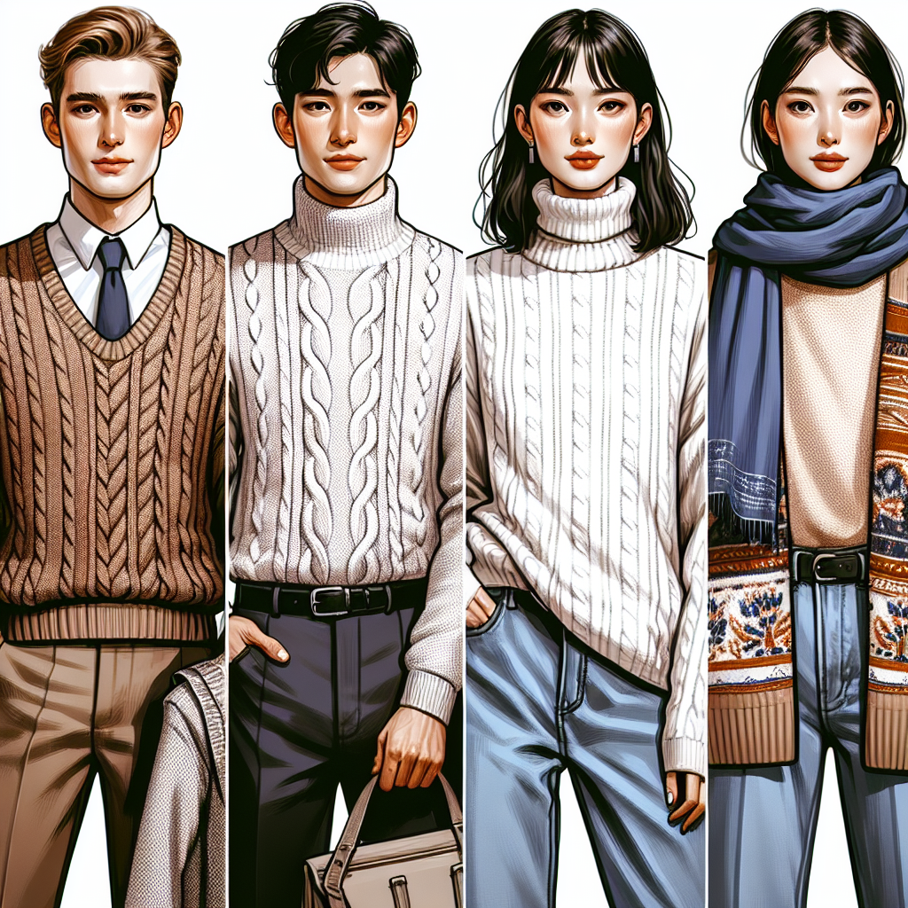Stunning Styles: What to Wear Under a Crew Neck Sweater Create a fashion guide for what to wear under a crew neck sweater. Visualize a stylish outfit combination including a crew neck sweater for four people, each of diverse descent - Caucasian, Hispanic, Middle-Eastern, and South Asian. The person number one, a Caucasian male, is wearing a button-down under the sweater. The second person, a Hispanic female, is wearing a turtleneck under her sweater. The third person, a middle Eastern person of non-binary gender, is wearing a casual white t-shirt under their sweater. And lastly, the fourth person, a South Asian woman, is displaying a stylish scarf under her sweater. The colors of the outfits should clash harmoniously.