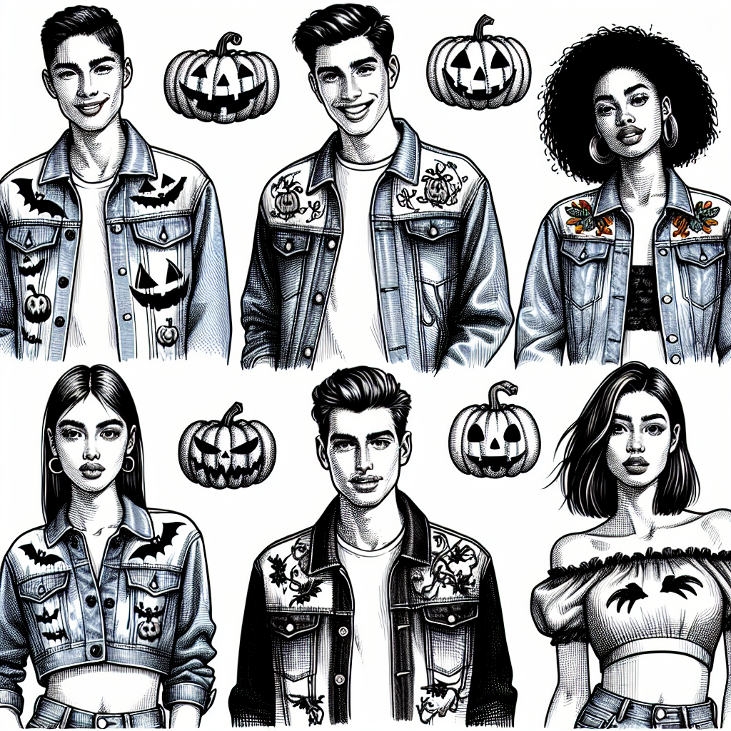 Stunning Jean Tops for Effortless Halloween Style Visualize a collection of stunning jean tops ideal for creating effortless Halloween style. Display different designs like pumpkins, bats, and cobwebs embroidered into the fabric. Include various fits, such as loose-fit, tailored, and crop styles. Highlight a mix of people in these tops, including a Hispanic man with short hair, a Middle-Eastern woman with wavy hair, and a South Asian woman with a pixie cut. Their expressions are happy and confident, embodying the spirit of Halloween in their unique denim garments.
