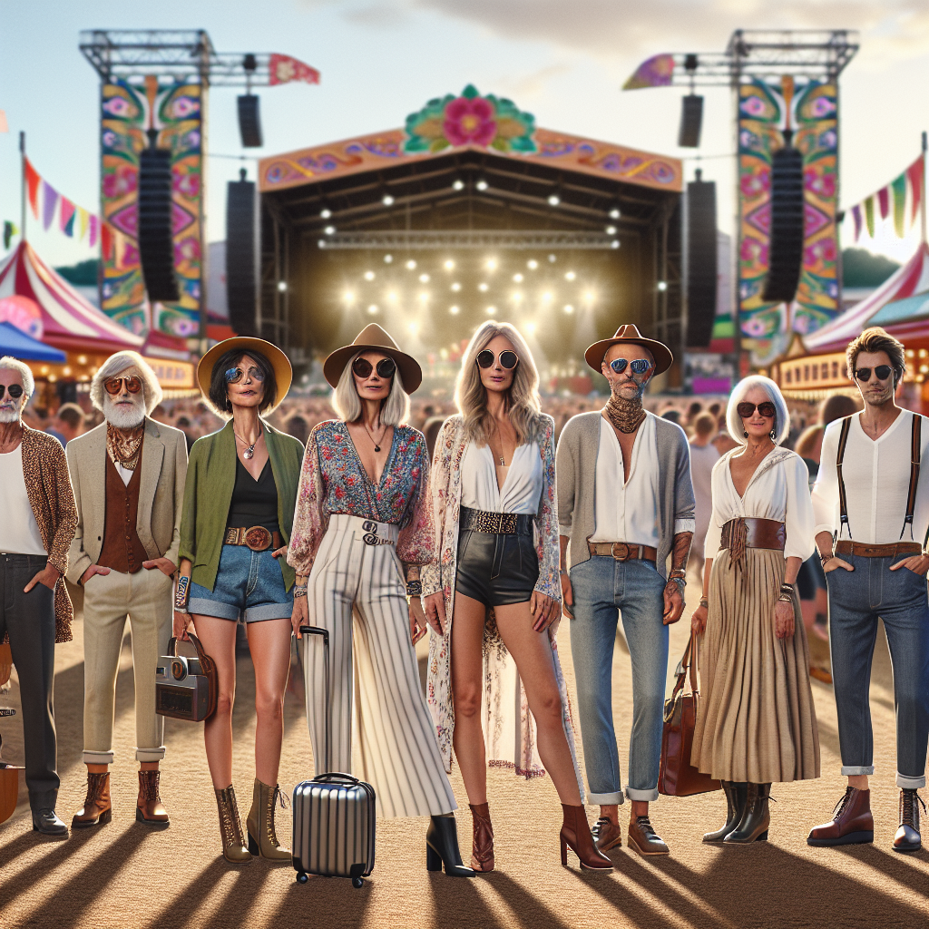 Generate an image showcasing festival outfits designed for people in their 40s. The scene represents a diverse group of men and women donning stylish attire. The women are in chic, modern dresses with fancy accessories, exhibiting an effortless elegance. The men are in casual shirts, trousers or jeans, expressing a relaxed, cool vibe. Standing amidst a lively festival environment, the surroundings should depict concert stages, food stalls, and colorfully decorated festival tents. Retain elements that highlight the festival spirit, fashion, age inclusion, and diversity.