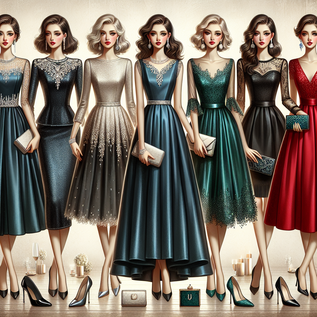 Stunning Outfits for Women: Dress To Impress at Bar Mitzvahs Image of a collection of different elegant and sophisticated outfits suitable for Women attending a Bar Mitzvah. The selection should showcase different styles fitting various body types: A sleek black dress with intricate silver accents, a shining deep blue A-line gown with a delicate lace overlay, an emerald green knee-length dress with flowy sleeves, and a bold red fitted dress with an asymmetrical collar. Each ensemble should be complemented with appropriate accessories such as pearl necklaces, diamond earrings, classy clutches, and statement heels. The background can be a festive setting with beautiful, subtle decorations.